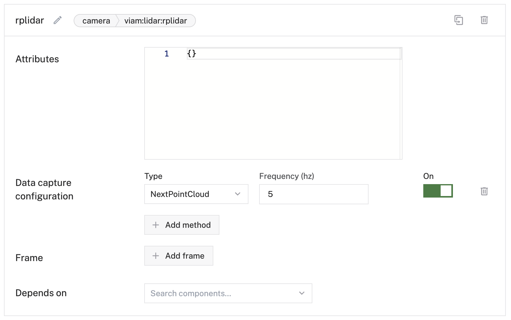 An R P lidar camera configured with next point cloud configured for capture at 5 Hz.