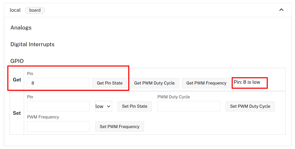 Control tab showing the board control panel. The ‘Board Local’ row is expanded, and under the ‘Get’ row, the pin is set to ‘8.’ A red box is around the ‘Get Pin State’ button and the output, which reads, ‘Pin: 8 is low.’